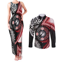 Tonga and New Zealand Together Couples Matching Tank Maxi Dress and Long Sleeve Button Shirt Ngatu Art Tribal Maori Tattoo and Silver Fern LT03 Black - Polynesian Pride