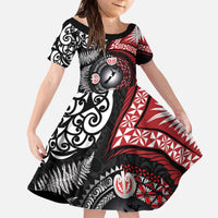 Tonga and New Zealand Together Family Matching Off The Shoulder Long Sleeve Dress and Hawaiian Shirt Ngatu Art Tribal Maori Tattoo and Silver Fern LT03 Daughter's Dress Black - Polynesian Pride