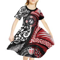 Tonga and New Zealand Together Kid Short Sleeve Dress Ngatu Art Tribal Maori Tattoo and Silver Fern
