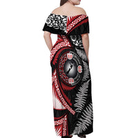 Tonga and New Zealand Together Off Shoulder Maxi Dress Ngatu Art Tribal Maori Tattoo and Silver Fern