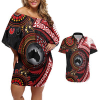 Tonga and Australia Together Couples Matching Off Shoulder Short Dress and Hawaiian Shirt Ngatu Art Tribal Aboriginal Tattoo Pattern