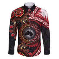 Tonga and Australia Together Family Matching Off The Shoulder Long Sleeve Dress and Hawaiian Shirt Ngatu Art Tribal Aboriginal Tattoo Pattern LT03 Dad's Shirt - Long Sleeve Black - Polynesian Pride