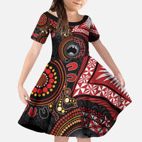 Tonga and Australia Together Family Matching Short Sleeve Bodycon Dress and Hawaiian Shirt Ngatu Art Tribal Aboriginal Tattoo Pattern LT03 Daughter's Dress Black - Polynesian Pride