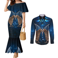 New Zealand Maori Matariki Couples Matching Mermaid Dress and Long Sleeve Button Shirt Hongi Kiwi Bird and Silver Fern LT03 Blue - Polynesian Pride