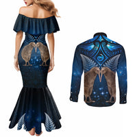 New Zealand Maori Matariki Couples Matching Mermaid Dress and Long Sleeve Button Shirt Hongi Kiwi Bird and Silver Fern LT03 - Polynesian Pride