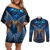 New Zealand Maori Matariki Couples Matching Off Shoulder Short Dress and Long Sleeve Button Shirt Hongi Kiwi Bird and Silver Fern LT03 Blue - Polynesian Pride