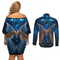 New Zealand Maori Matariki Couples Matching Off Shoulder Short Dress and Long Sleeve Button Shirt Hongi Kiwi Bird and Silver Fern LT03 - Polynesian Pride