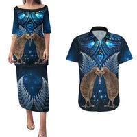 New Zealand Maori Matariki Couples Matching Puletasi and Hawaiian Shirt Hongi Kiwi Bird and Silver Fern LT03 Blue - Polynesian Pride