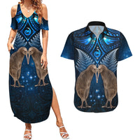New Zealand Maori Matariki Couples Matching Summer Maxi Dress and Hawaiian Shirt Hongi Kiwi Bird and Silver Fern LT03 Blue - Polynesian Pride