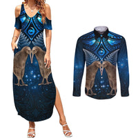 New Zealand Maori Matariki Couples Matching Summer Maxi Dress and Long Sleeve Button Shirt Hongi Kiwi Bird and Silver Fern LT03 Blue - Polynesian Pride
