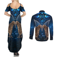New Zealand Maori Matariki Couples Matching Summer Maxi Dress and Long Sleeve Button Shirt Hongi Kiwi Bird and Silver Fern LT03 - Polynesian Pride