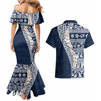 Hawaii Plumeria Tribal Vintage Couples Matching Mermaid Dress and Hawaiian Shirt Special Blue LT03 - Polynesian Pride
