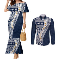 Hawaii Plumeria Tribal Vintage Couples Matching Mermaid Dress and Long Sleeve Button Shirt Special Blue LT03 Blue - Polynesian Pride