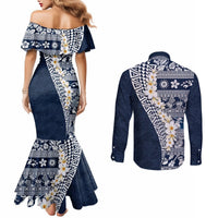 Hawaii Plumeria Tribal Vintage Couples Matching Mermaid Dress and Long Sleeve Button Shirt Special Blue LT03 - Polynesian Pride