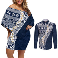 Hawaii Plumeria Tribal Vintage Couples Matching Off Shoulder Short Dress and Long Sleeve Button Shirt Special Blue LT03 Blue - Polynesian Pride