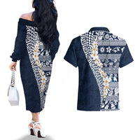 Hawaii Plumeria Tribal Vintage Couples Matching Off The Shoulder Long Sleeve Dress and Hawaiian Shirt Special Blue