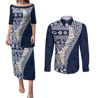 Hawaii Plumeria Tribal Vintage Couples Matching Puletasi and Long Sleeve Button Shirt Special Blue LT03 Blue - Polynesian Pride