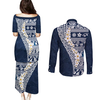 Hawaii Plumeria Tribal Vintage Couples Matching Puletasi and Long Sleeve Button Shirt Special Blue LT03 - Polynesian Pride