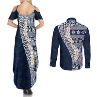 Hawaii Plumeria Tribal Vintage Couples Matching Summer Maxi Dress and Long Sleeve Button Shirt Special Blue