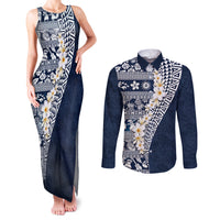 Hawaii Plumeria Tribal Vintage Couples Matching Tank Maxi Dress and Long Sleeve Button Shirt Special Blue