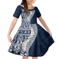 Hawaii Plumeria Tribal Vintage Family Matching Short Sleeve Bodycon Dress and Hawaiian Shirt Special Blue LT03 Daughter's Dress Blue - Polynesian Pride