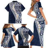 Hawaii Plumeria Tribal Vintage Family Matching Short Sleeve Bodycon Dress and Hawaiian Shirt Special Blue LT03 - Polynesian Pride