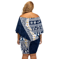 Hawaii Plumeria Tribal Vintage Off Shoulder Short Dress Special Blue LT03 - Polynesian Pride