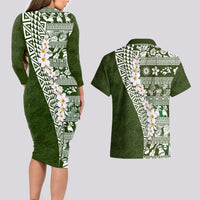 Hawaii Plumeria Tribal Vintage Couples Matching Long Sleeve Bodycon Dress and Hawaiian Shirt Special Green LT03 - Polynesian Pride