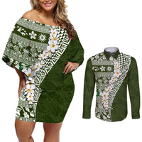 Hawaii Plumeria Tribal Vintage Couples Matching Off Shoulder Short Dress and Long Sleeve Button Shirt Special Green LT03 Green - Polynesian Pride