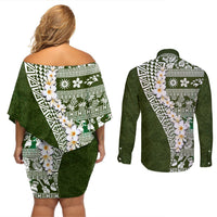 Hawaii Plumeria Tribal Vintage Couples Matching Off Shoulder Short Dress and Long Sleeve Button Shirt Special Green LT03 - Polynesian Pride