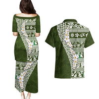 Hawaii Plumeria Tribal Vintage Couples Matching Puletasi and Hawaiian Shirt Special Green