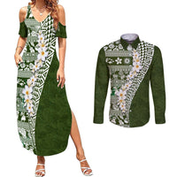 Hawaii Plumeria Tribal Vintage Couples Matching Summer Maxi Dress and Long Sleeve Button Shirt Special Green LT03 Green - Polynesian Pride