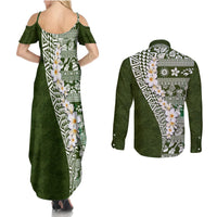 Hawaii Plumeria Tribal Vintage Couples Matching Summer Maxi Dress and Long Sleeve Button Shirt Special Green LT03 - Polynesian Pride