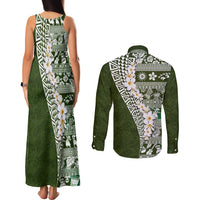 Hawaii Plumeria Tribal Vintage Couples Matching Tank Maxi Dress and Long Sleeve Button Shirt Special Green