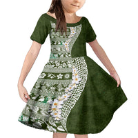 Hawaii Plumeria Tribal Vintage Family Matching Mermaid Dress and Hawaiian Shirt Special Green LT03 Daughter's Dress Green - Polynesian Pride