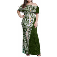 Hawaii Plumeria Tribal Vintage Family Matching Off Shoulder Maxi Dress and Hawaiian Shirt Special Green
