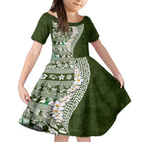 Hawaii Plumeria Tribal Vintage Family Matching Puletasi and Hawaiian Shirt Special Green LT03 Daughter's Dress Green - Polynesian Pride