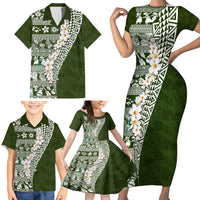 Hawaii Plumeria Tribal Vintage Family Matching Short Sleeve Bodycon Dress and Hawaiian Shirt Special Green LT03 - Polynesian Pride