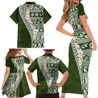 Hawaii Plumeria Tribal Vintage Family Matching Short Sleeve Bodycon Dress and Hawaiian Shirt Special Green LT03 - Polynesian Pride