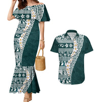 Hawaii Plumeria Tribal Vintage Couples Matching Mermaid Dress and Hawaiian Shirt Special Turquoise LT03 Turquoise - Polynesian Pride