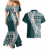 Hawaii Plumeria Tribal Vintage Couples Matching Mermaid Dress and Hawaiian Shirt Special Turquoise LT03 - Polynesian Pride