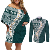 Hawaii Plumeria Tribal Vintage Couples Matching Off Shoulder Short Dress and Long Sleeve Button Shirt Special Turquoise LT03 Turquoise - Polynesian Pride