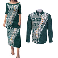 Hawaii Plumeria Tribal Vintage Couples Matching Puletasi and Long Sleeve Button Shirt Special Turquoise LT03 Turquoise - Polynesian Pride