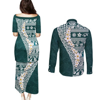 Hawaii Plumeria Tribal Vintage Couples Matching Puletasi and Long Sleeve Button Shirt Special Turquoise LT03 - Polynesian Pride