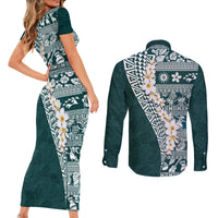 Hawaii Plumeria Tribal Vintage Couples Matching Short Sleeve Bodycon Dress and Long Sleeve Button Shirt Special Turquoise
