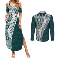 Hawaii Plumeria Tribal Vintage Couples Matching Summer Maxi Dress and Long Sleeve Button Shirt Special Turquoise