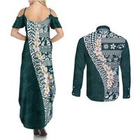 Hawaii Plumeria Tribal Vintage Couples Matching Summer Maxi Dress and Long Sleeve Button Shirt Special Turquoise LT03 - Polynesian Pride