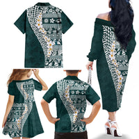 Hawaii Plumeria Tribal Vintage Family Matching Off The Shoulder Long Sleeve Dress and Hawaiian Shirt Special Turquoise