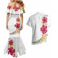 Hawaiian Plumeria and Hibiscus Couples Matching Mermaid Dress and Hawaiian Shirt White Mode
