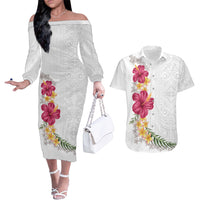 Hawaiian Plumeria and Hibiscus Couples Matching Off The Shoulder Long Sleeve Dress and Hawaiian Shirt White Mode